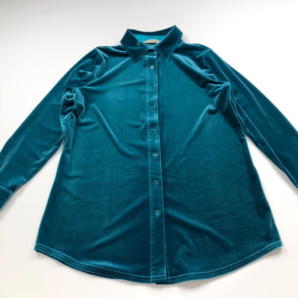 Soft Surroundings Velvet Boyfriend Tunic XS Long Sleeve Shirt Teal Green 2DT96